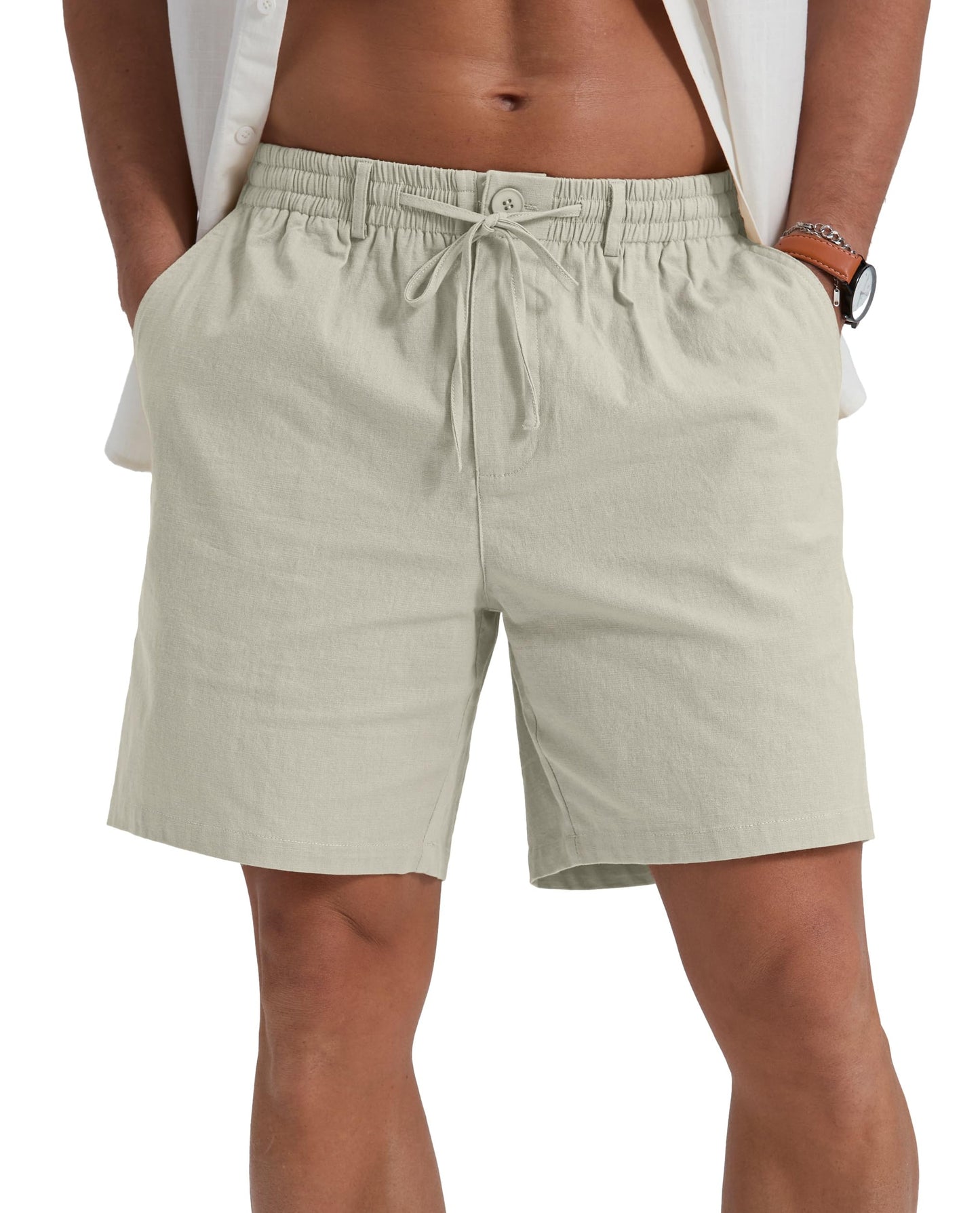 Sailwind Men's Linen Casual Shorts Elastic Waist Drawstring Summer Beach Shorts with Pockets
