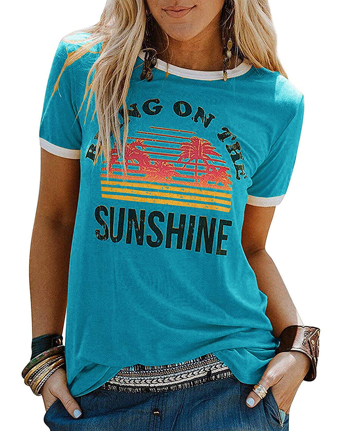 YEXIPO Graphic Tees for Women Short Sleeve Summer Tops Funny Letter Printed Loose Casual T Shirts