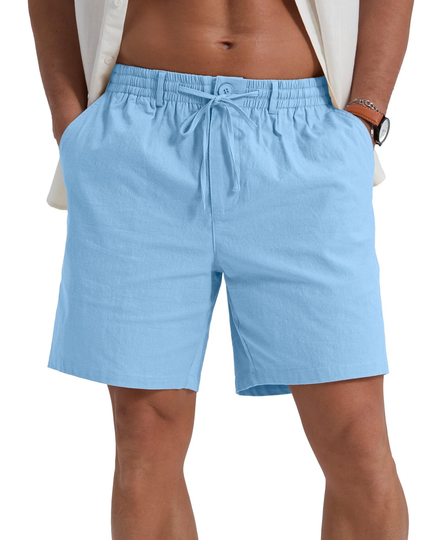 Sailwind Men's Linen Casual Shorts Elastic Waist Drawstring Summer Beach Shorts with Pockets
