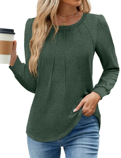 WEACZZY Women Long Sleeve Shirts Crew Neck Tunic Tops Soft Casual Blouses Creased Design Curved Side Hem Fashion Outfits 2026