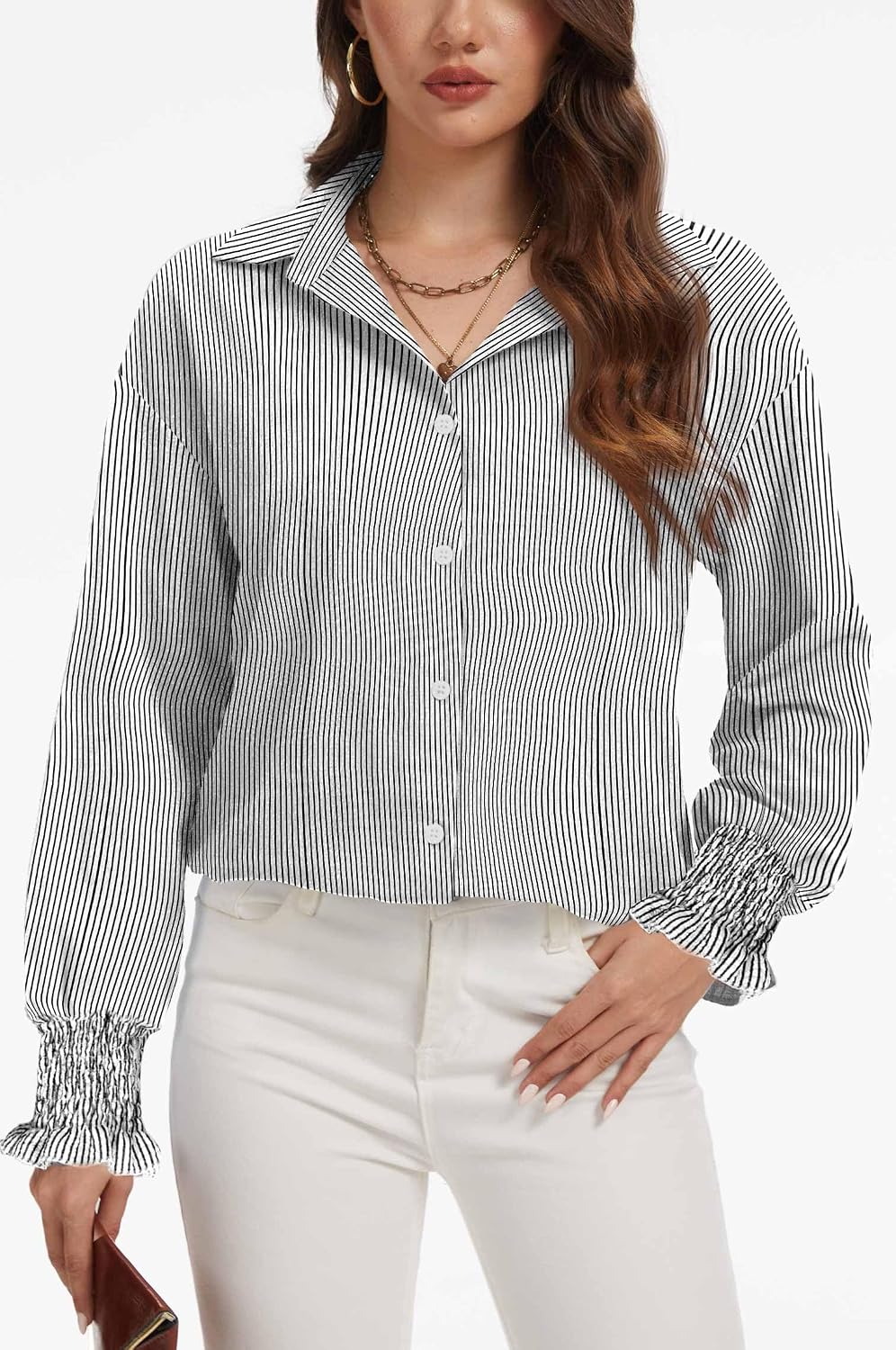 WEACZZY Womens Button Down Casual Shirts Long Sleeve Smocked Cuffed Blouses Collared Work No Pockets Tops 2026