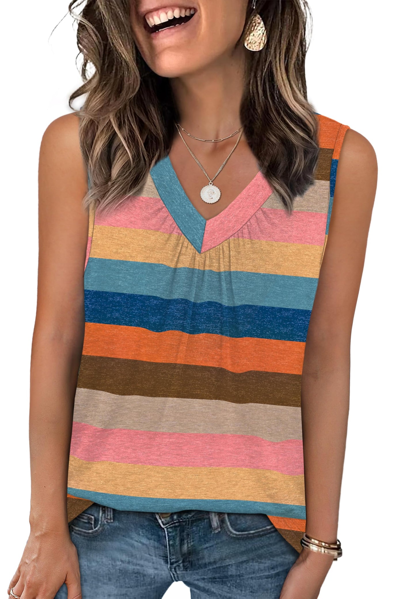OFEEFAN Tank Top for Women Loose Fit Sleeveless Shirts V Neck Summer Clothes Ruched Women's Tees and Tanks Curved Hem