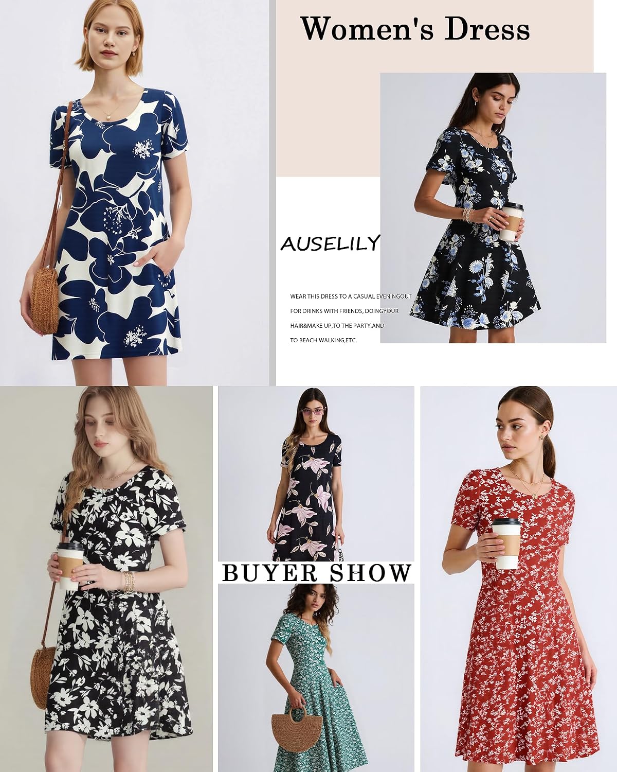 AUSELILY Women's Summer Casual Dresses 2026 Short Sleeve Swing Beach Floral T-Shirt Dress with Pockets