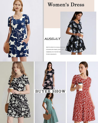 AUSELILY Women's Summer Casual Dresses 2026 Short Sleeve Swing Beach Floral T-Shirt Dress with Pockets