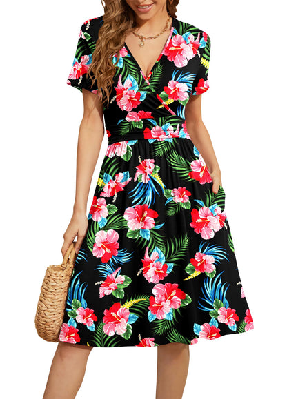 WEACZZY Women's Summer Short Sleeve Casual Dresses V-Neck Floral Party Dress with Pockets