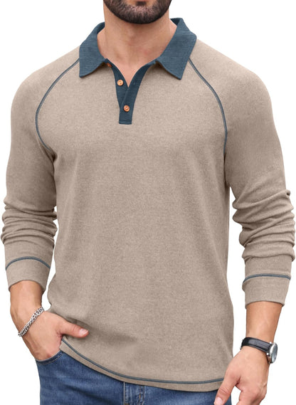 Sailwind Mens Long Sleeve Polo Shirts Fashion Casual Raglan Button Polo Tee Collared Golf Shirt