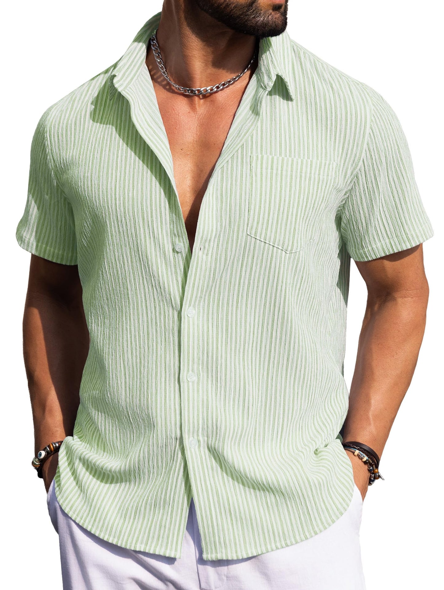 Sailwind Men's Casual Button Down Shirts Short Sleeve Striped Beach Summer Vacation Shirt with Pocket
