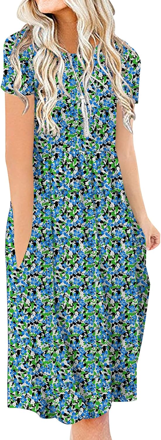 DB MOON Women Summer Casual Short Sleeve Dresses Empire Waist Dress with Pockets