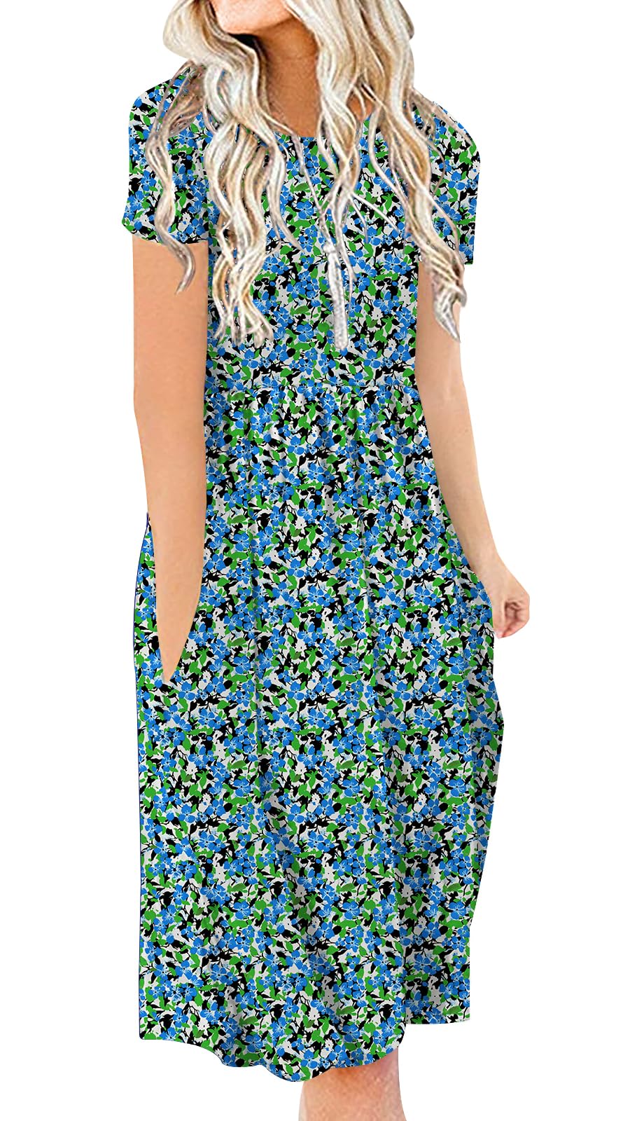 DB MOON Women Summer Casual Short Sleeve Dresses Empire Waist Dress with Pockets