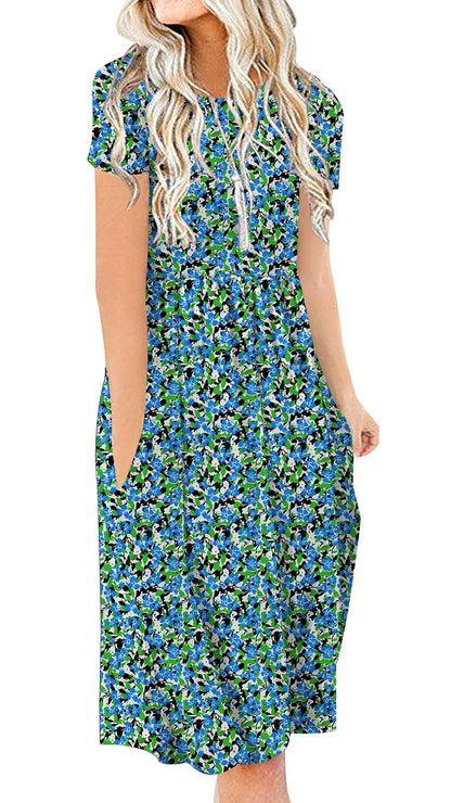 DB MOON Women Summer Casual Short Sleeve Dresses Empire Waist Dress with Pockets