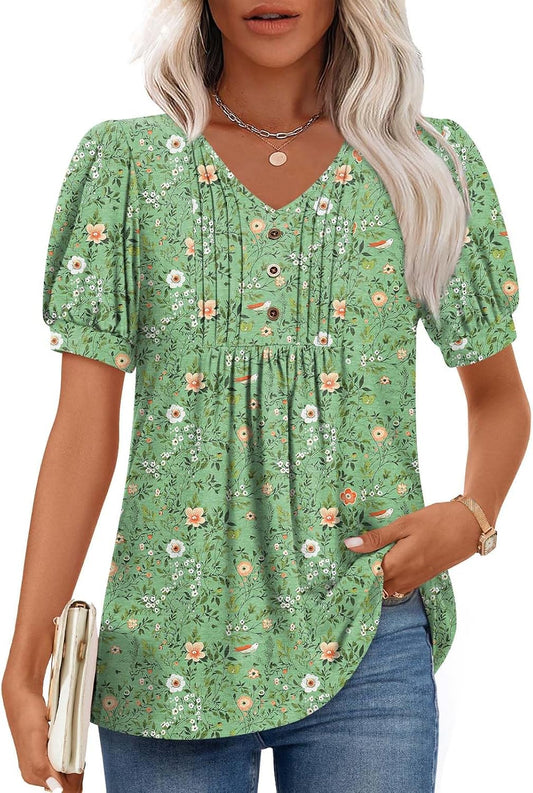 Findsweet Women's Summer Tunic Tops Casual Dressy Blouses Short Sleeve Shirts M-4XL