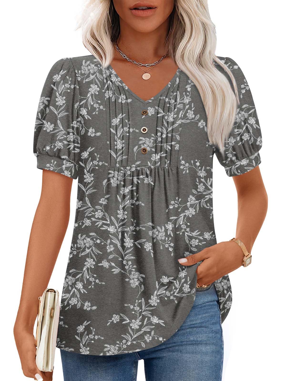 Findsweet Women's Summer Tunic Tops Casual Dressy Blouses Short Sleeve Shirts M-4XL