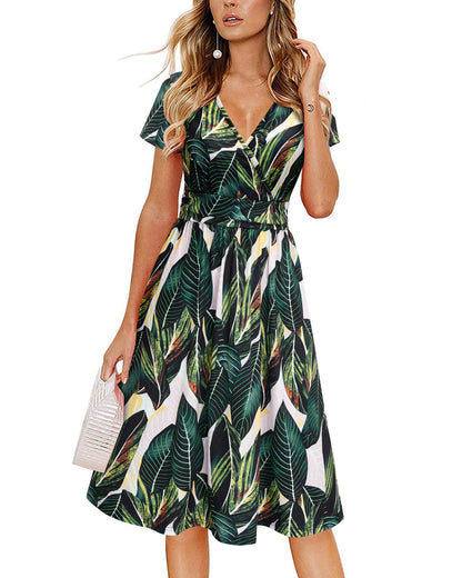 Newshows Womens Summer Short Sleeve Casual Dresses V Neck Floral Vacation Sundress Faux Wrap Midi Dress with Pockets