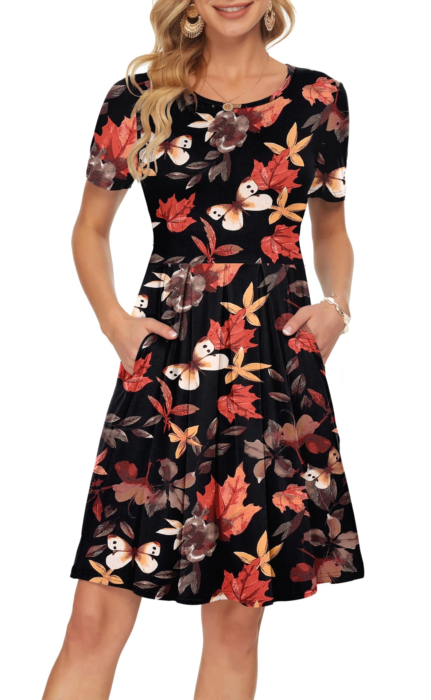 AUSELILY Women's Short Sleeve Summer Dress Pleated Loose Swing Knee Length Dresses with Pockets 2026 New