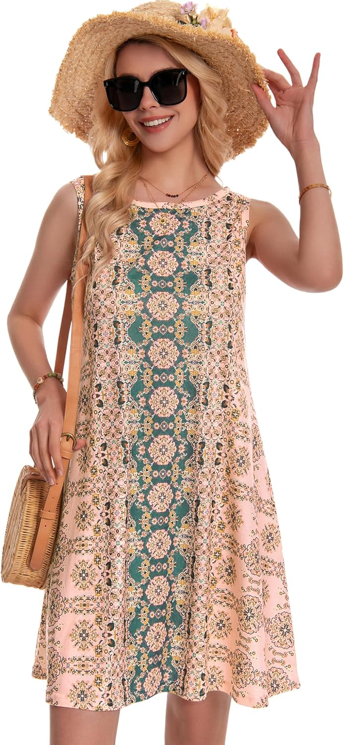 Summer Dresses for Women Beach Boho Sleeveless Vintage Floral Flowy Pocket Tshirt Tank Sundresses 2026