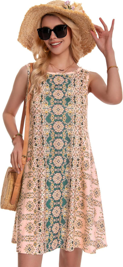 Summer Dresses for Women Beach Boho Sleeveless Vintage Floral Flowy Pocket Tshirt Tank Sundresses 2026