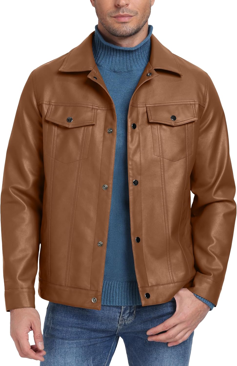 Sailwind Men's Leather Jacket Lapel Collar Motorcycle Coat Snap Button Faux Leather Bomber Jackets