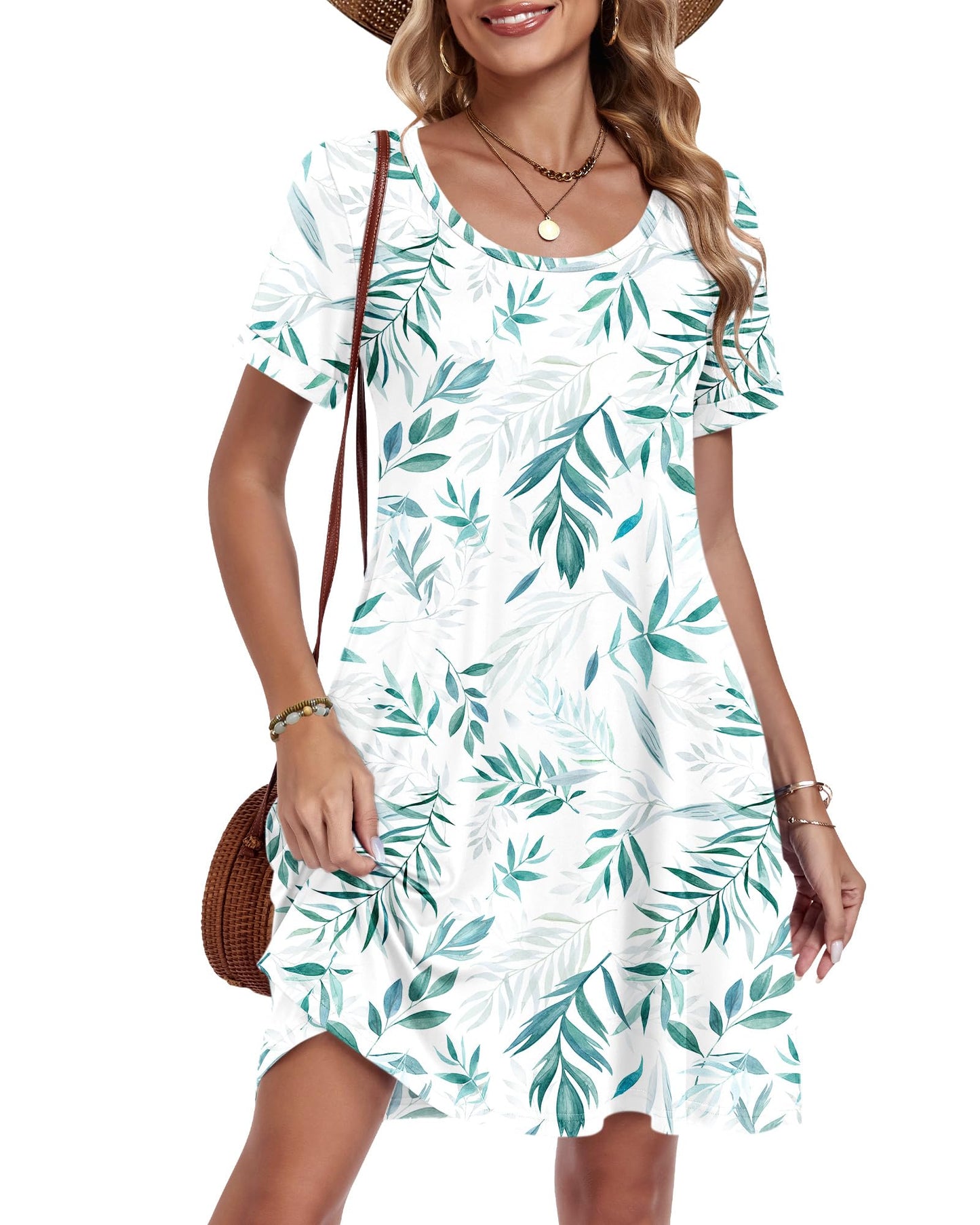 AUSELILY Women's Summer Casual Dresses 2026 Short Sleeve Swing Beach Floral T-Shirt Dress with Pockets