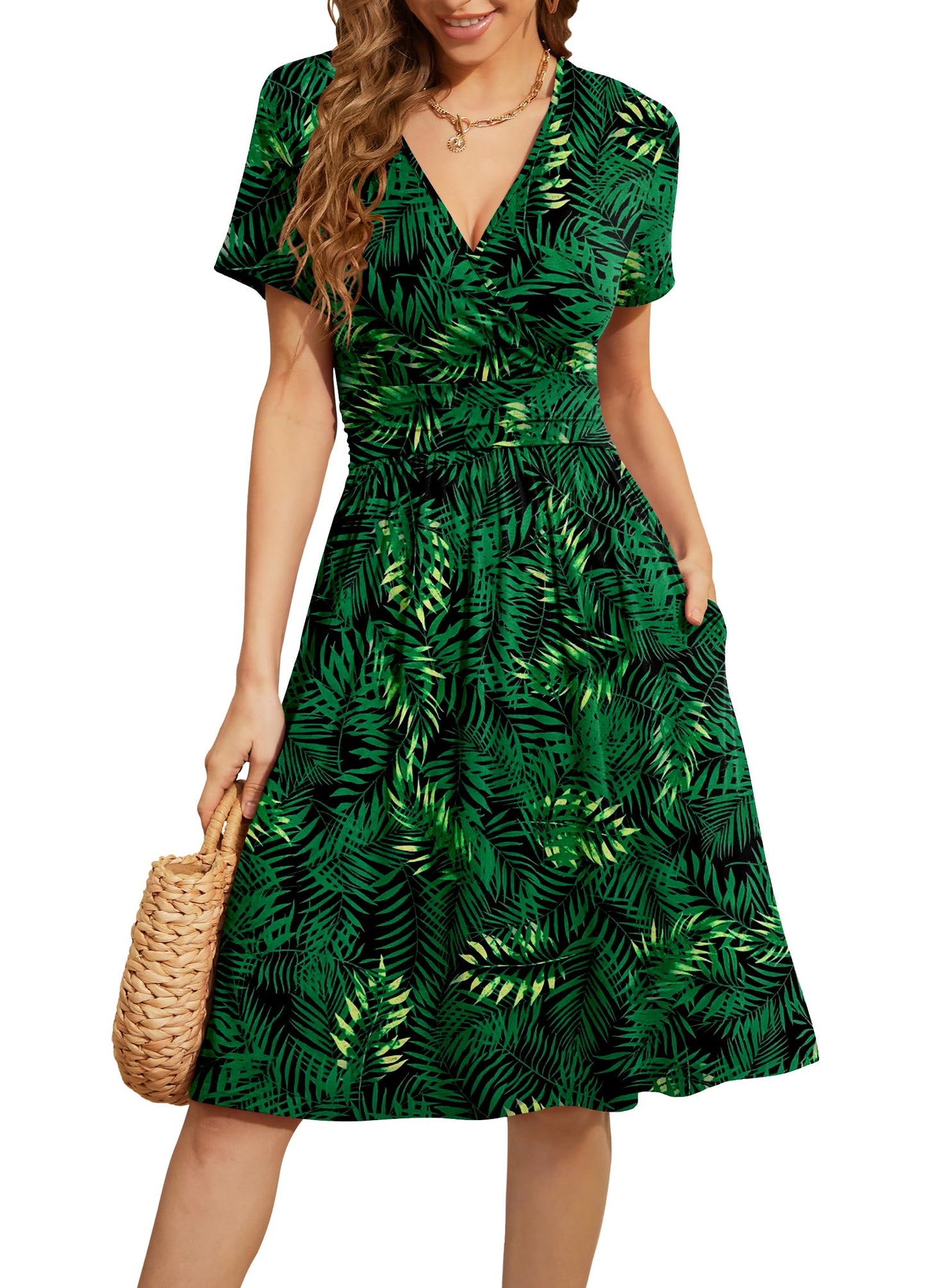 WEACZZY Women's Summer Short Sleeve Casual Dresses V-Neck Floral Party Dress with Pockets
