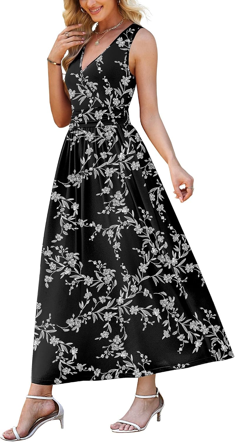 WEACZZY Women's Maxi Dress Sleeveless V Neck Sundress Cocktail Long Dresses with Pockets