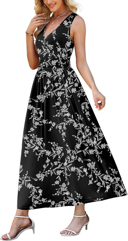 WEACZZY Women's Maxi Dress Sleeveless V Neck Sundress Cocktail Long Dresses with Pockets