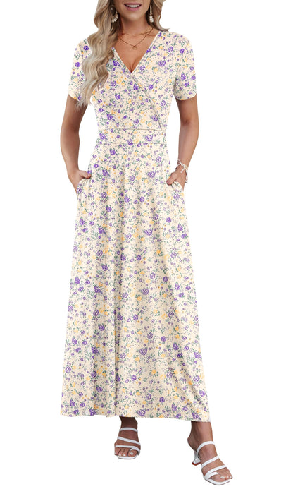 AUSELILY Maxi Dresses for Women Ankle Length Floral Print Beach Long Flowy Dress with Pockets