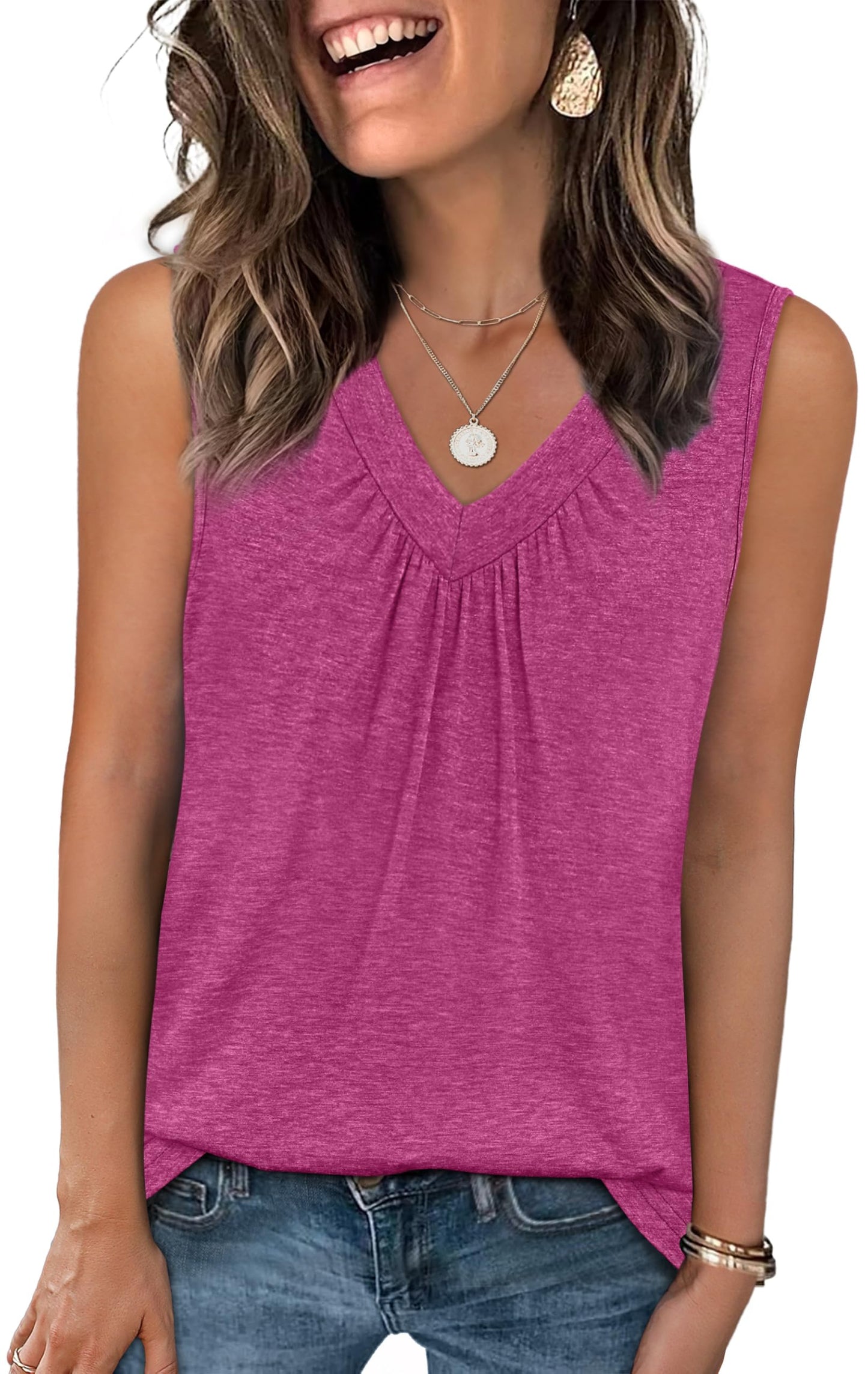OFEEFAN Tank Top for Women Loose Fit Sleeveless Shirts V Neck Summer Clothes Ruched Women's Tees and Tanks Curved Hem