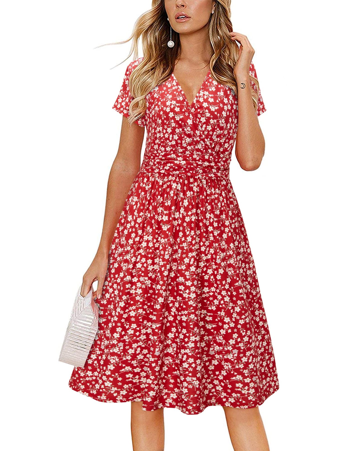 Newshows Womens Summer Short Sleeve Casual Dresses V Neck Floral Vacation Sundress Faux Wrap Midi Dress with Pockets