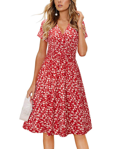 Newshows Womens Summer Short Sleeve Casual Dresses V Neck Floral Vacation Sundress Faux Wrap Midi Dress with Pockets