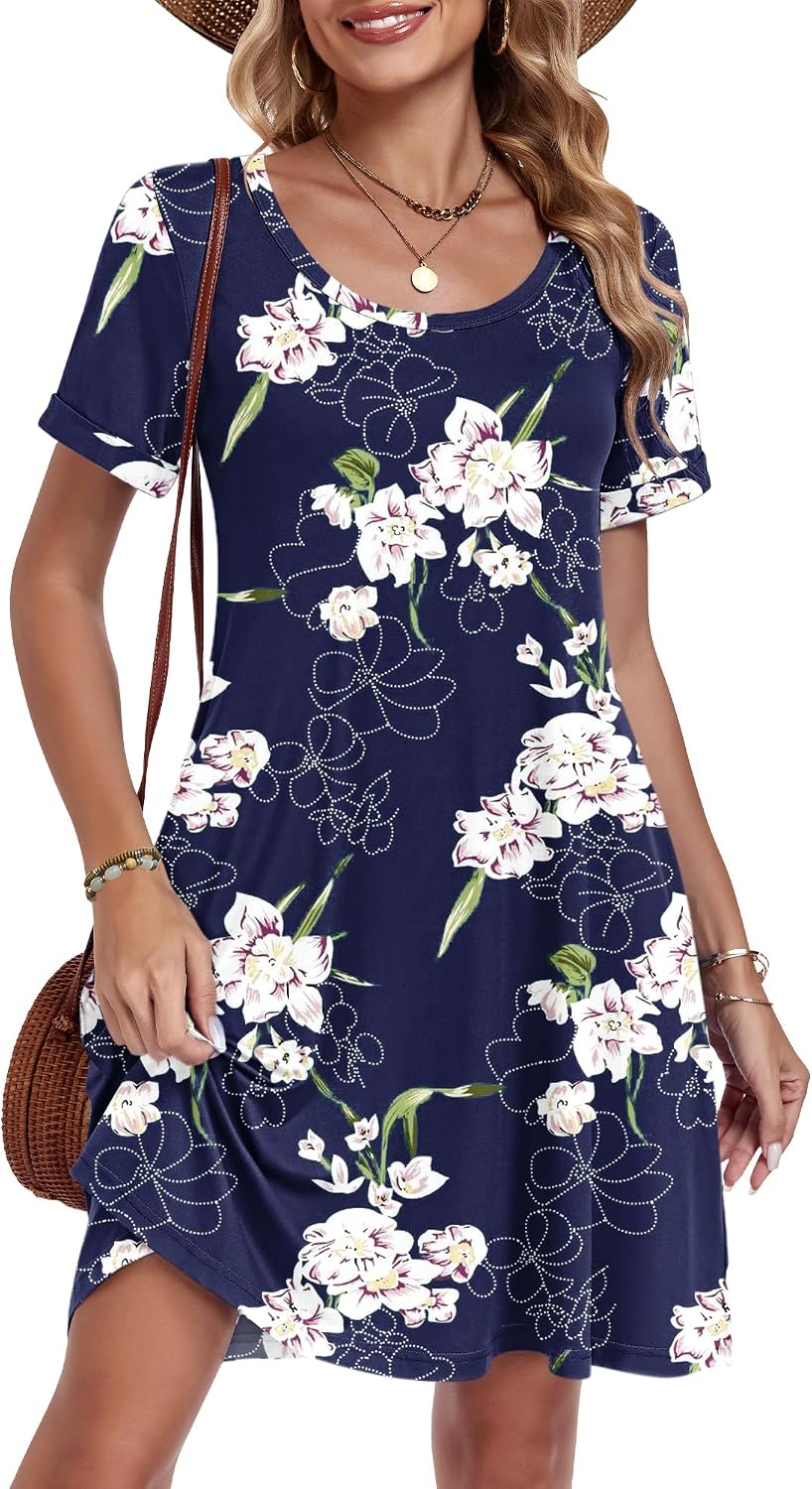 AUSELILY Women's Summer Casual Dresses 2026 Short Sleeve Swing Beach Floral T-Shirt Dress with Pockets