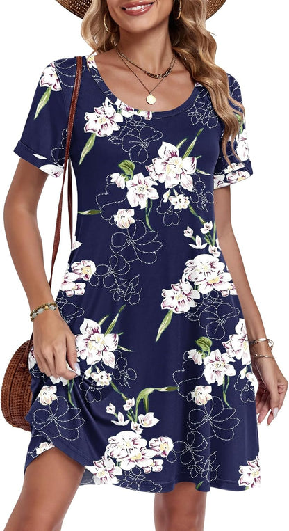 AUSELILY Women's Summer Casual Dresses 2026 Short Sleeve Swing Beach Floral T-Shirt Dress with Pockets