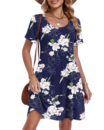 AUSELILY Women's Summer Casual Dresses 2026 Short Sleeve Swing Beach Floral T-Shirt Dress with Pockets