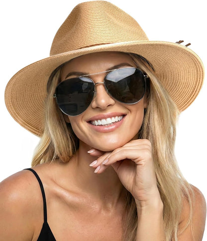 FURTALK Womens Wide Brim Sun Hat Beach Panama Fedora Straw Summer | Packable for Travel, Braided Strap Decor, Adjustable Chin Cord, Breathable Sweatband, Ideal for Summer Vacations