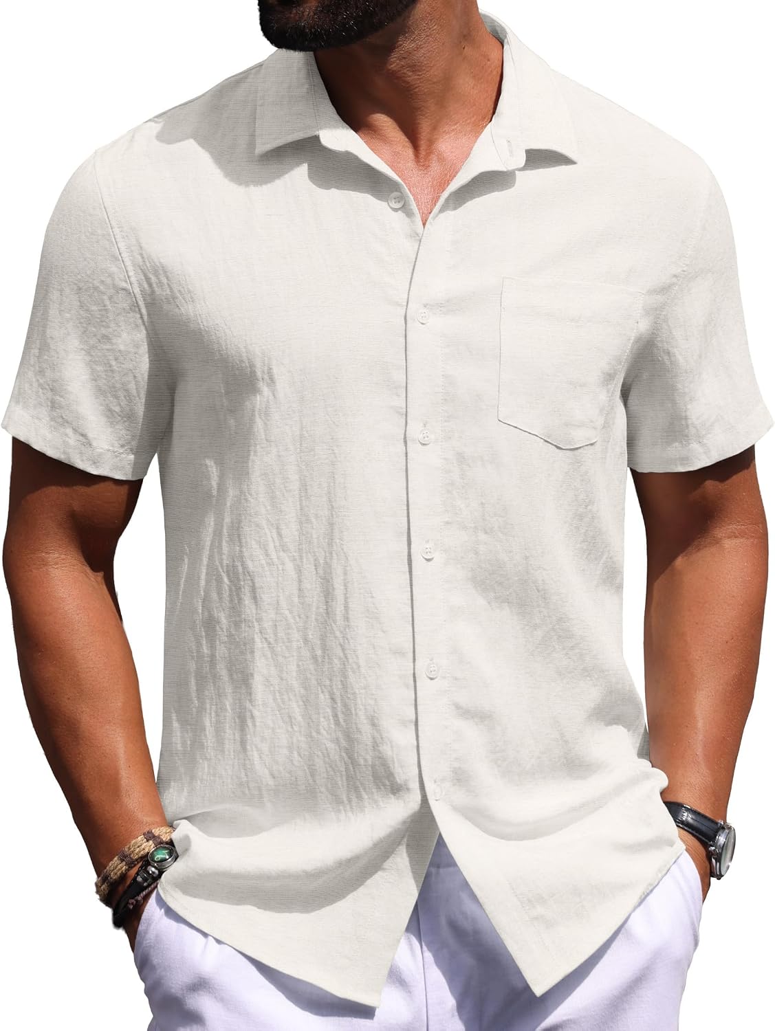 Sailwind Men's Linen Button Down Shirts Short Sleeve Casual Lightwetght Beach Summer Vacation Shirt with Pocket