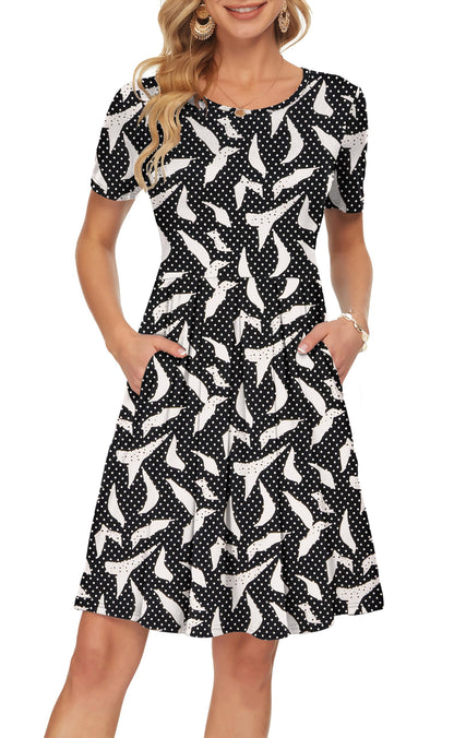 AUSELILY Women's Short Sleeve Summer Dress Pleated Loose Swing Knee Length Dresses with Pockets 2026 New