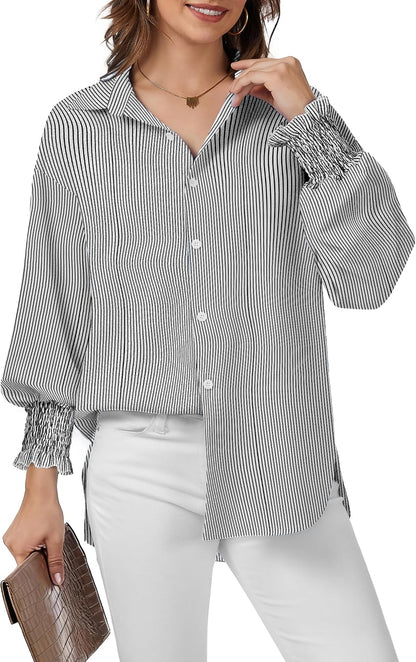 WEACZZY Womens Button Down Casual Shirts Long Sleeve Smocked Cuffed Blouses Collared Work No Pockets Tops 2026