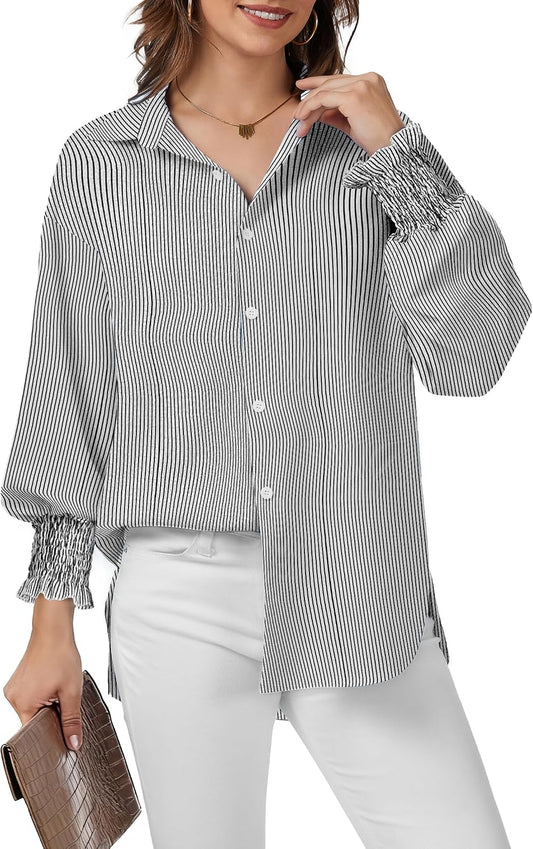 WEACZZY Womens Button Down Casual Shirts Long Sleeve Smocked Cuffed Blouses Collared Work No Pockets Tops 2026