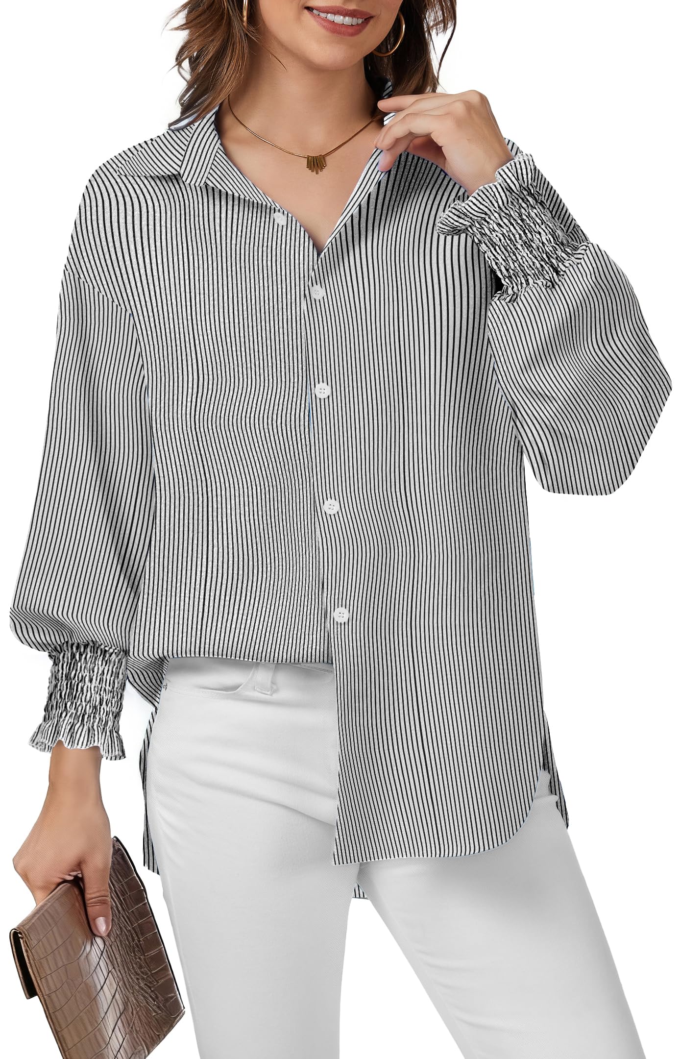 WEACZZY Womens Button Down Casual Shirts Long Sleeve Smocked Cuffed Blouses Collared Work No Pockets Tops 2026