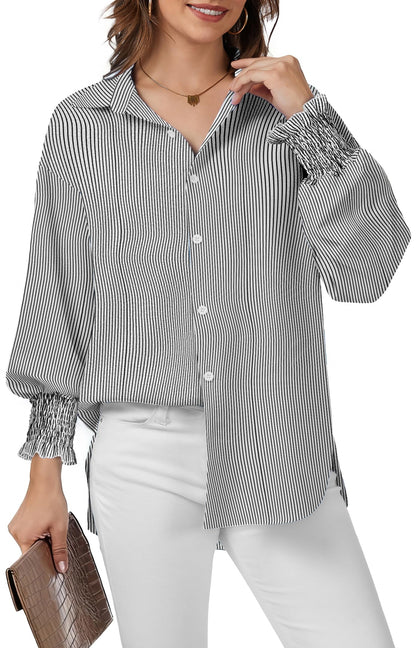 WEACZZY Womens Button Down Casual Shirts Long Sleeve Smocked Cuffed Blouses Collared Work No Pockets Tops 2026