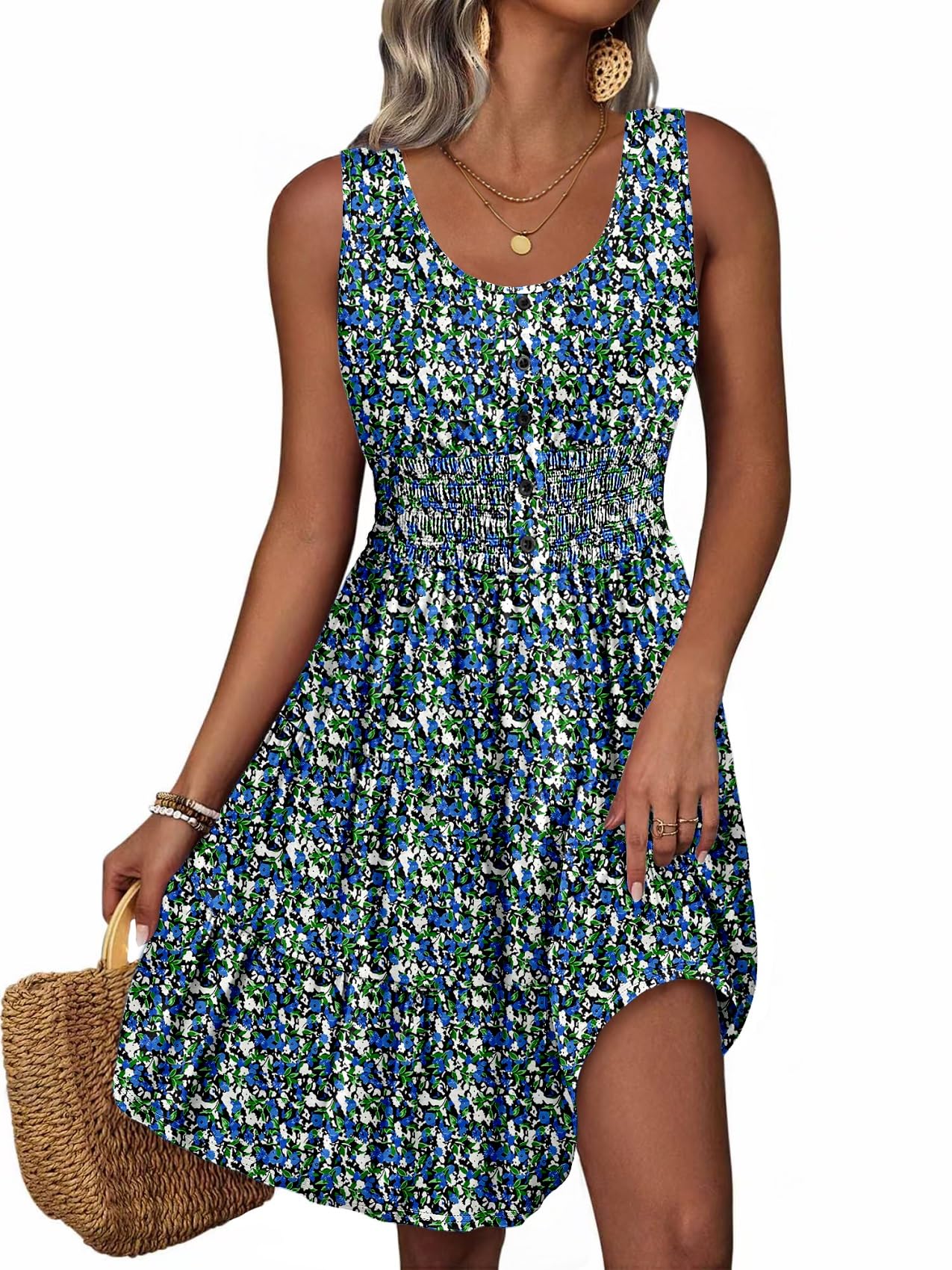 Summer Dresses for Women Casual Sleeveless Sundresses Elastic Waist Mini Sun Dress