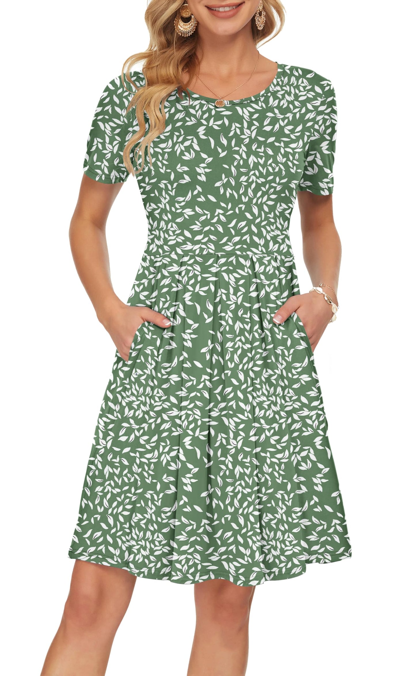 AUSELILY Women's Short Sleeve Summer Dress Pleated Loose Swing Knee Length Dresses with Pockets 2026 New
