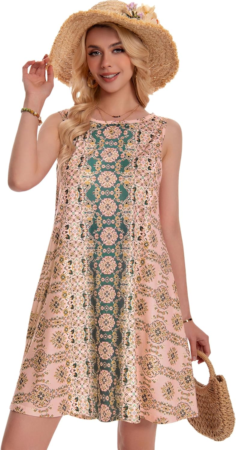 Summer Dresses for Women Beach Boho Sleeveless Vintage Floral Flowy Pocket Tshirt Tank Sundresses 2026