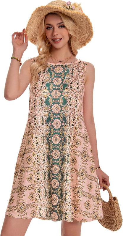 Summer Dresses for Women Beach Boho Sleeveless Vintage Floral Flowy Pocket Tshirt Tank Sundresses 2026