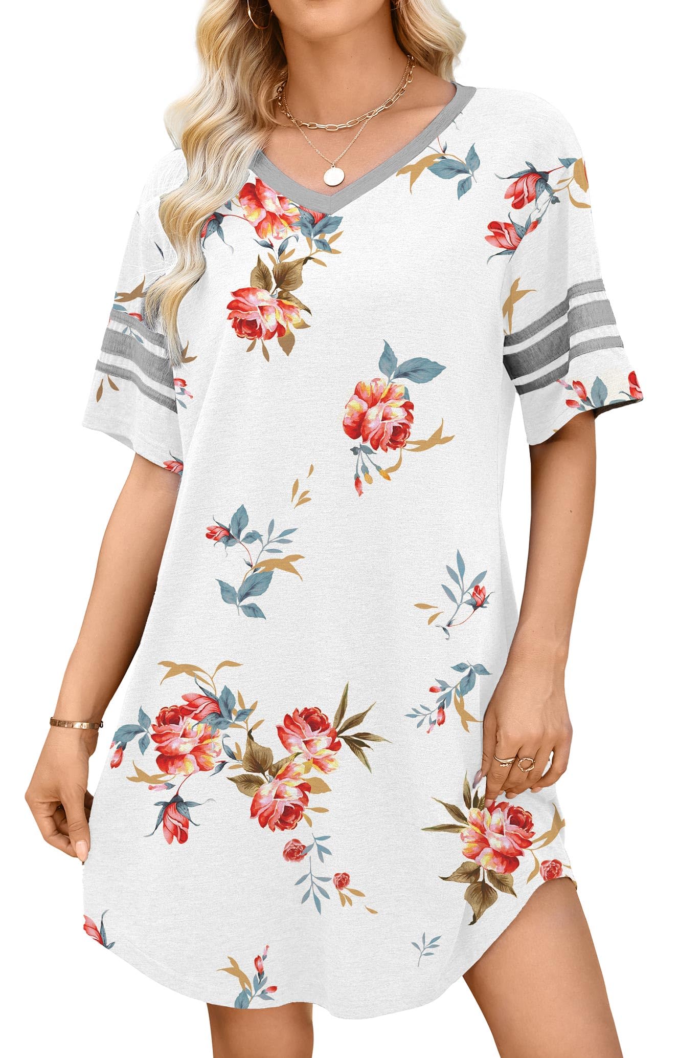 WEACZZY Women's Sleep Shirt Short Sleeve Nightgown Loose Fit Breathable | Crew Neck, Soft Polyester Blend Sleepwear, Solid Colors Floral Prints, Pajama Dress, Loungewear, House Casual Daily Wear