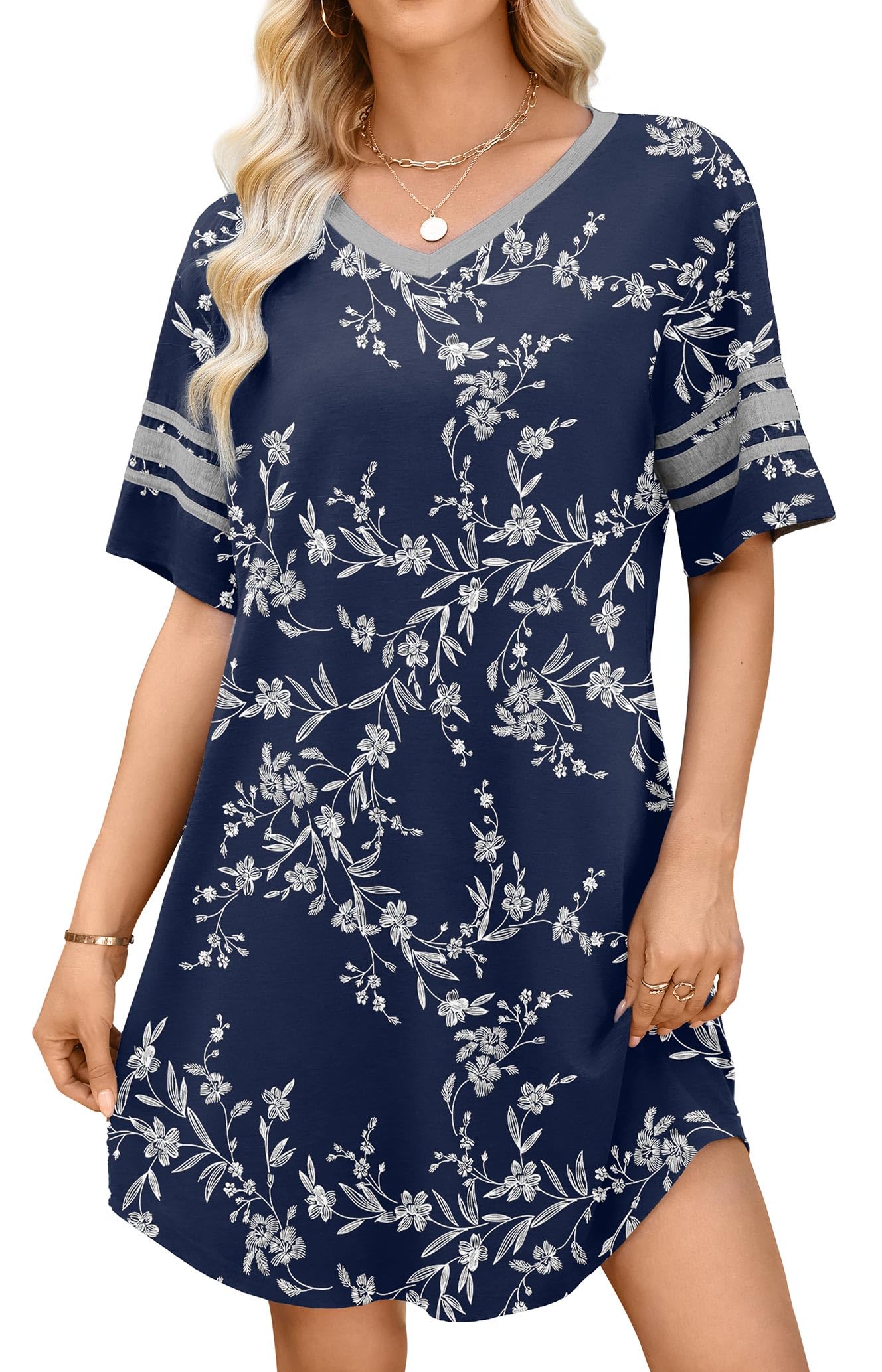 WEACZZY Women's Sleep Shirt Short Sleeve Nightgown Loose Fit Breathable | Crew Neck, Soft Polyester Blend Sleepwear, Solid Colors Floral Prints, Pajama Dress, Loungewear, House Casual Daily Wear