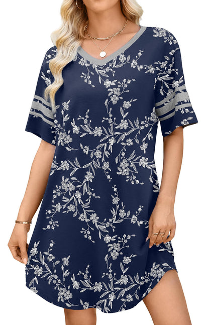 WEACZZY Women's Sleep Shirt Short Sleeve Nightgown Loose Fit Breathable | Crew Neck, Soft Polyester Blend Sleepwear, Solid Colors Floral Prints, Pajama Dress, Loungewear, House Casual Daily Wear