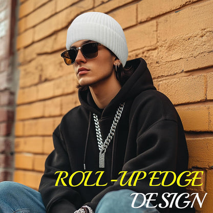 PFFY Trawler Short Fisherman Beanie Roll-up Edge Knit Cuff Beanies Winter Hats for Men Women