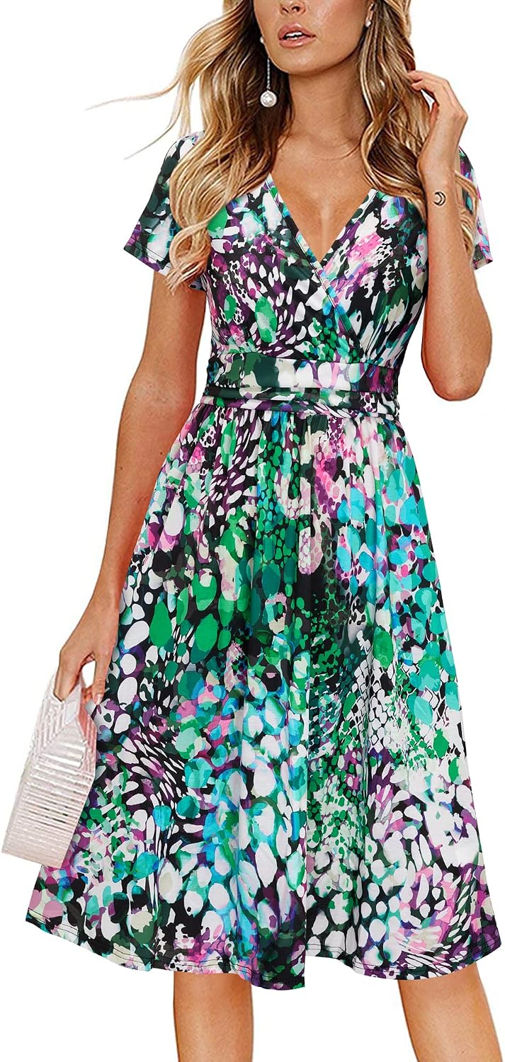 Newshows Womens Summer Short Sleeve Casual Dresses V Neck Floral Vacation Sundress Faux Wrap Midi Dress with Pockets