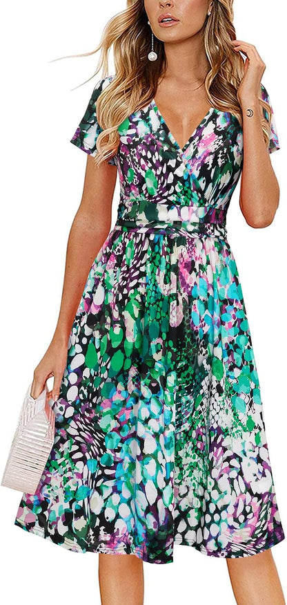 Newshows Womens Summer Short Sleeve Casual Dresses V Neck Floral Vacation Sundress Faux Wrap Midi Dress with Pockets