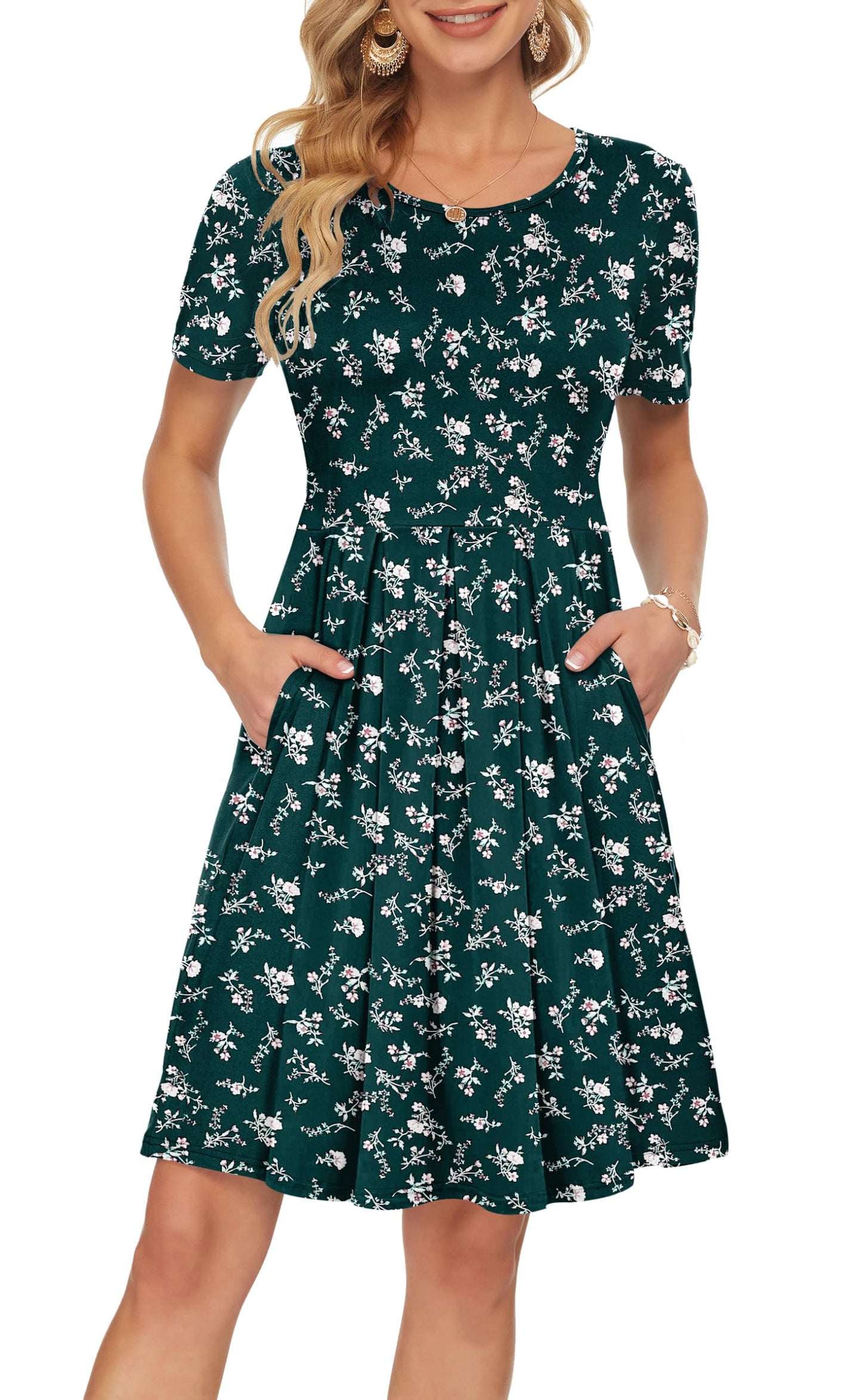 AUSELILY Women's Short Sleeve Summer Dress Pleated Loose Swing Knee Length Dresses with Pockets 2026 New